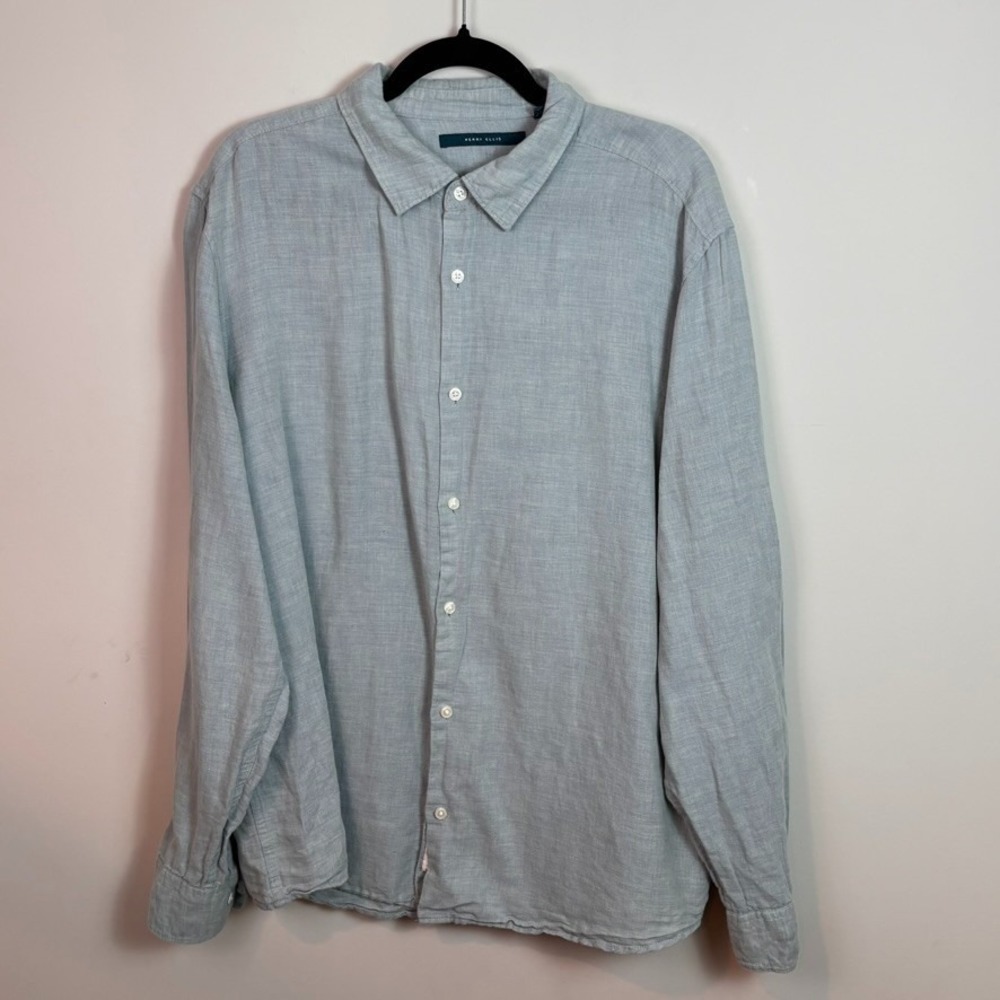 Perry Ellis Mens Linen Cotton Blend Light Blue/Grey Button up Shirt XXL Classic